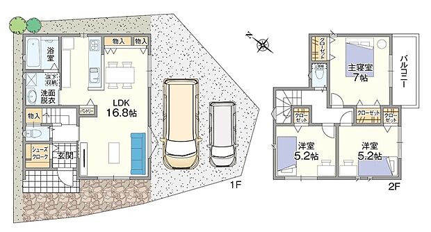【3LDK】対面キッチン背面に水回りを集約し、家事効率の良い動線に。LDKはダイニングとリビングをゾーニングしやすく、メリハリある暮らしが叶うレイアウトです。各居室に収納を配置し、邸内を広くお使いいただけます。