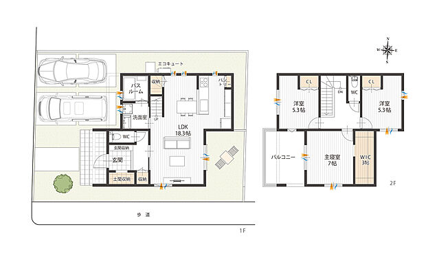 【3LDK】◎玄関に玄関収納とは別に、土間収納と収納を横並びで配置。雨具や靴などをまとめておくと、お出かけの際の動線がスムーズです。
◎LDKは約18.3帖!対面キッチンからダイニングへ配膳がしやすく、リビングは庭スペースに面しています。
◎リビングを通って2階フロアへ向かうリビング階段を採用。ご家族同士が声を掛けやすく、自然とコミュニケーションが増える動線です。
◎2階主寝室は約7帖!約3帖のWICを備え、バルコニーへ直接出入りが可能です。
◎全居室多面採光+収納付き。室内を広くお使いいただけます。