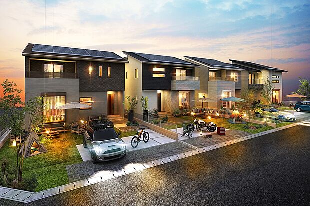 【街並完成予想図】研究学園駅北側に広がる学園の森エリアは、都会の洗練と豊かな自然が共存する理想的な住環境。この地に誕生する未来を見据えた全棟ZEH仕様の住宅が、快適で環境に優しい暮らしを実現します。