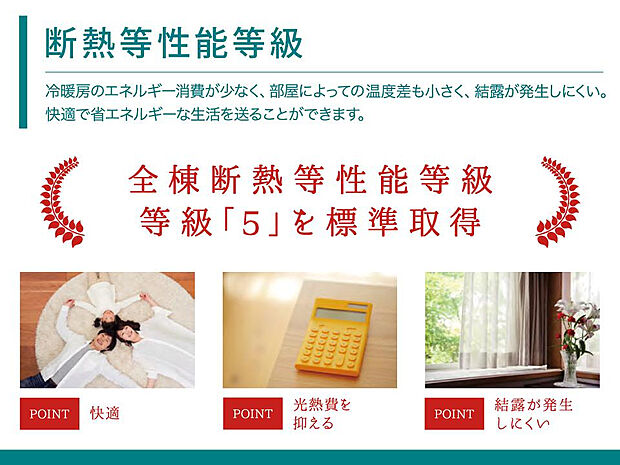 【【断熱等級「5」を標準取得】】年間約5，000棟の分譲住宅をご提供する東栄住宅では、断熱性能とコストのバランスを考えたうえで、断熱性能等級5～6を基準といたしました。高性能グラスウール断熱材やLow-E複層ガラス＋アルミ樹脂複合窓、断熱ドアなど多面的に季節を問わず快適な暮らしをサポート。