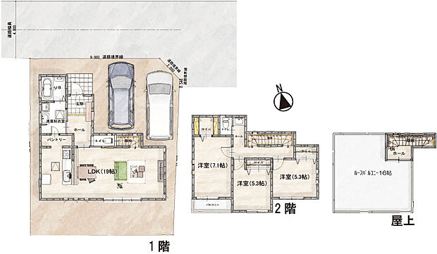 【（３LDK＋＋屋上）】〇木造２階建・延床面積：99.57m2（30.12坪）　〇建物代金：2,300万円(税込)　〇土地＋建物代金（参考プラン）合計：6,680万円(税込)