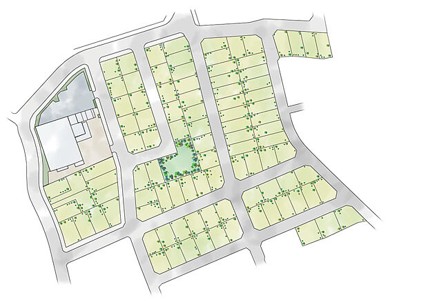 全区画120m2超のゆとりを確保。分譲地内の道路幅は6.7m以上と車のすれ違いが楽に。防犯灯を設置するほか曲がり角を見通しの良い形状にするなど安心して暮らせるように設計された街です。