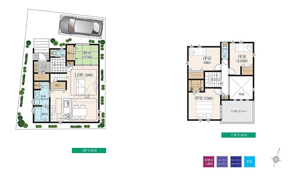 4号地：全居室収納やウォークインクローゼットを備えた生活スペースを大きく確保した間取り設計。