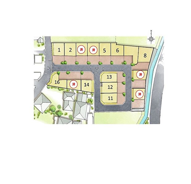 きれいに整えられた区画が並ぶ安心の分譲地。落ち着いた街並みで、心地よい毎日が描けます。※区画図には商談中区画も含みます。最新の販売状況は資料請求またはお電話にてお問合せください。