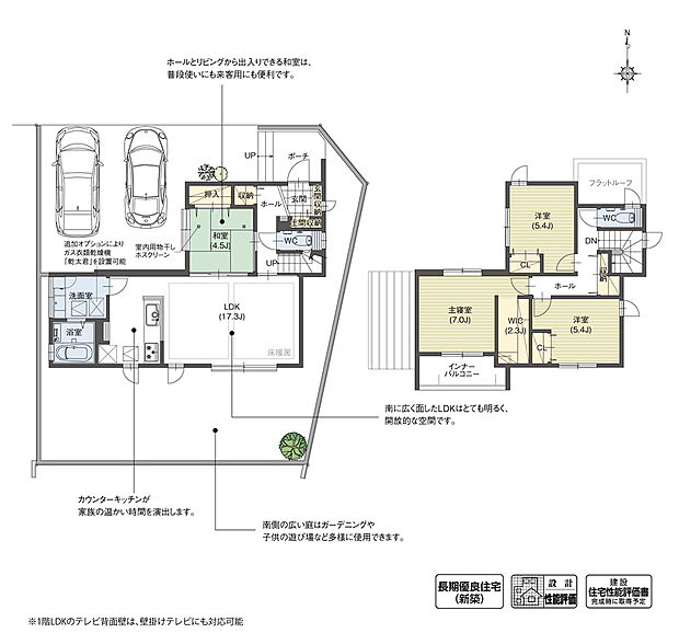 【4LDK】リビングと続き間の和室は、ホールからもアクセスが可能。子どもの遊び場や将来的な寝室に活用するだけではなく、客間としても活用できる使い勝手の良い間取りとなっています。
※設計性能評価取得済