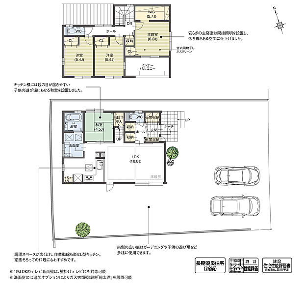 【4LDK】各所に計画した収納が、日々の生活をサポートしてくれる暮らしやすい住まいです。土間収納やパントリー、広々としたウォークインクローゼットなど、収納が充実しているためスッキリと快適な暮らしを楽しめます。
※設計性能評価取得済
