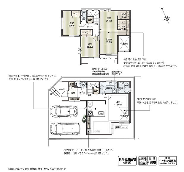 【4LDK】リビングとダイニングで囲うように庭を計画することで、双方から視線が抜る開放的なLDKを設計しました。また吹き抜けを設けたリビングは、上部の窓から差し込む光によって、気持ちの良い空間となっています。

※設計性能評価取得済