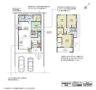リビングに計画した吹き抜けの南面に大きく開口を設け、多くの光が入り込む明るく開放的な空間を計画しました。またリビングと和室は続き間となっており、建具を開けることでLDKをさらに大きく広がりのある空間にしてくれます。

※設計性能評価取得済 
