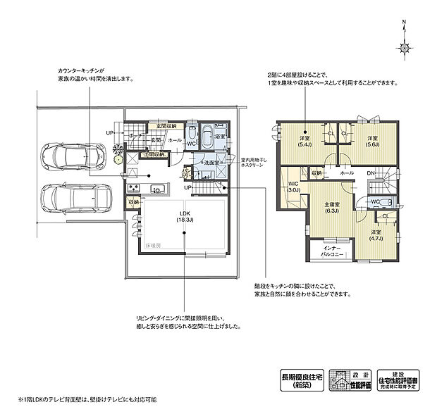 【4LDK】主寝室と洋室が繋がっている住まい。そのまま広々とした主寝室として使用したり、小さなお子様がいる場合は見守り部屋として活用することができます。お子様の成長に合わせて間仕切りを設ければ、独立洋室として使用することも可能です。

※設計性能評価取得済