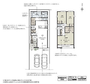 ランドリー兼洗面室、トイレ、ファミリークローゼットをまとめて配置することで、効率的な家事動線を確保。リビングにはスタディコーナーを設け、家族の居場所にも配慮しました。また約10畳のゆとりある主寝室は、将来2部屋としても使用可能です。

※設計性能評価取得済 