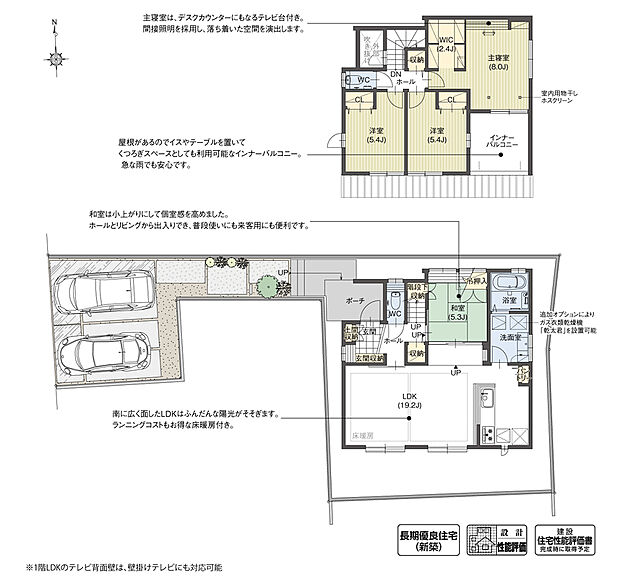 【4LDK】LDKと続き間の和室は小上がりになっているため、LDKとつながりながらも落ち着ける空間となっています。また、和室の間仕切りを閉めた状態でも、小上がりに腰掛けてくつろぐことができます。
※設計性能評価取得済