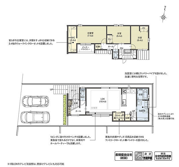 【3LDK】リビングの窓際に、家族で座って寛げるベンチを計画。ディスプレイスペースとしても活用でき、生活に豊かさを与えてくれます。階段下を利用したファミリークローゼット兼パントリーや、広々としたウォークインクローゼットも完備した過ごしやすい住まいです。

※設計性能評価取得済