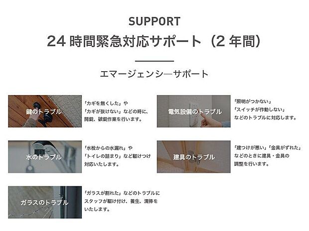 【前面道路含む外観】住宅内で起こるあらゆるトラブルの一次対応（応急処置）を24時間いつでも電話一つで緊急に駆けつけるサポートです。