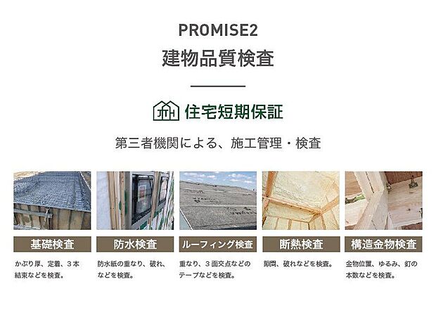 【前面道路含む外観】工事のダブルチェックのため、法律によって定められた検査に加え第三者機関『住宅短期保証』による、基礎工事、構造躯体工事、防水工事、断熱工事、完成検査の計5回の徹底した検査を受けています。