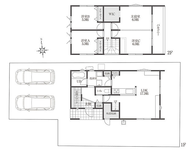 駐車は並列２台。玄関には通り抜け可能なクロークを作りました。
玄関から洗面やお風呂が近いので
外で遊んで汚れてもお風呂に直行できます♪