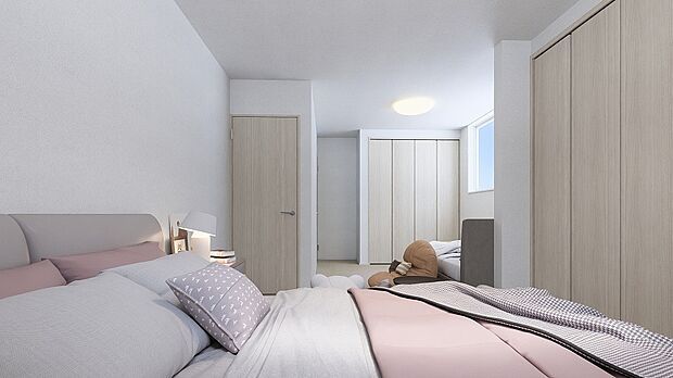 【暮らしに合わせた2 間続きの洋室】仕切りの下地をあらかじめ施工した2 間続きの洋室は、今はひとつながりの広々空間として、お子さまの遊び場や趣味部屋、家族のフリースペースに。将来は壁を設けて2 部屋に分けられる設計。