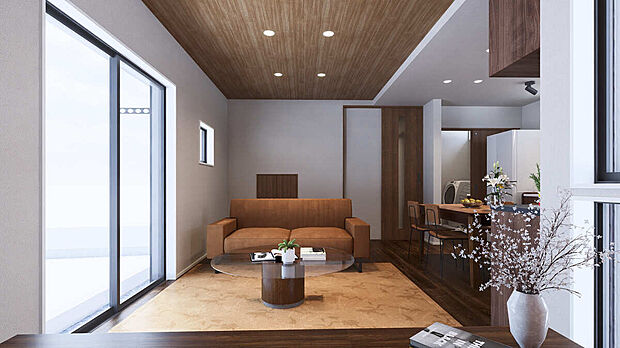 【【B-1棟】開放的な高天井のリビング】約8 帖のリビングは、高天井で広々とした雰囲気に。ちょっとしたレイアウトの工夫で、家族のライフスタイルに合わせて快適な使い方ができるリビングです。