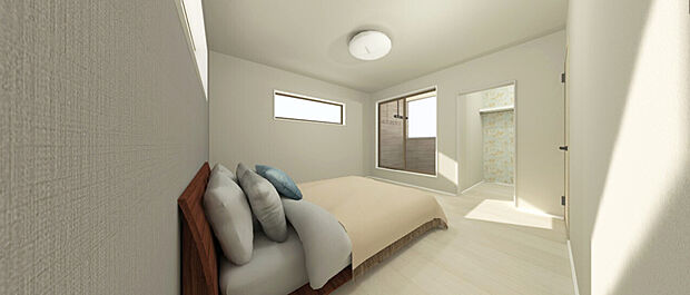 【主寝室+WIC】主寝室には便利なウォークインクローゼットを設置。枕棚とパイプ付きで、毎日使う洋服から季節ものまで、すっきり整理できます。広々とした収納空間で、使いやすさ抜群です。