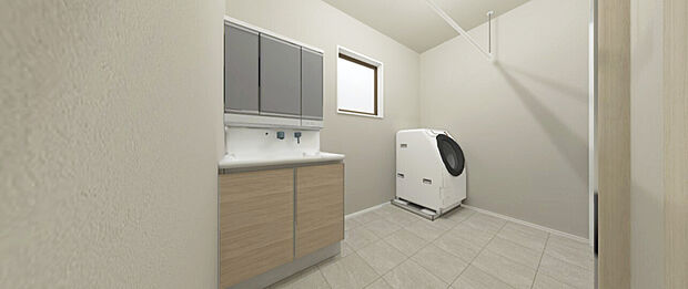 【広々1.5 帖の洗面室】1.5 帖のゆとりある洗面室には、物干しスペースを設けました。洗う・干すの動線が自然につながり、毎日の家事がぐんと快適に。その場で干せることで、わざわざ移動する手間も省けます。