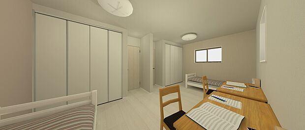 【間仕切り可能な洋室】下地入りで間仕切りが可能な洋室は、暮らしの変化に柔軟に対応できる頼れるスペース。プレイルームとして広く使ったり、壁を設けてふたつの個室に分けたり、ライフスタイルに合わせて自在に変化します。