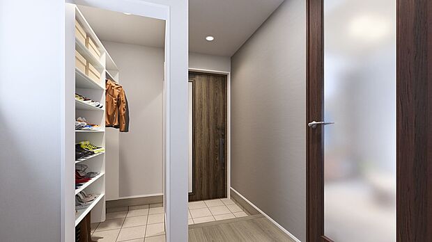 【【玄関クローク/パース】】玄関は直接ホール側へ行く動線と、クロークを経由してホール側へ行く動線に分けました。来客時はゲストをそのままホール側へ案内することができます。