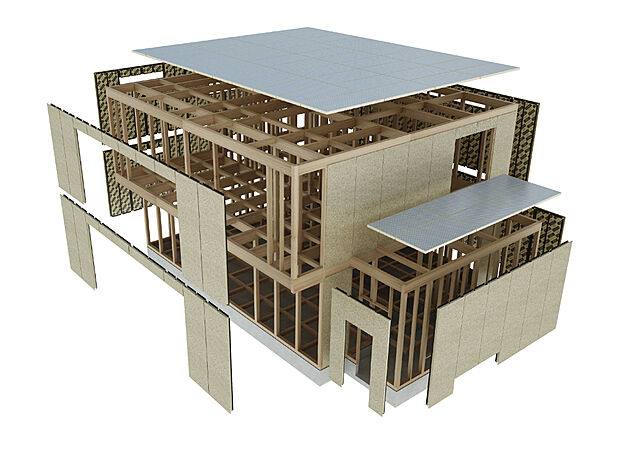 【6面体の一体化構造である強靭なモノコック構造】航空機や自動車ボディの技術から発達した構造で、大きな外力にも変形しにくい特徴を持ちます。住宅においては、地震や台風などの外力が接合部などに集中しにくく、建物全体に分散するため、ひずみやくるいに強さを発揮。

効率よく耐震性を高める壁倍率 4.3倍のパネルを実現。