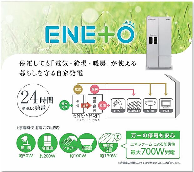 【ENETO】ガス給湯器（バックアップ熱源機）の購入のみで、自分の家で電気をつくる「家庭用燃料電池エネファームtypeS」の燃料電池発電ユニット192-AS15型を無償で利用できるサービス

災害などで停電になっても自立運転で発電を継続。照明やテレビ、お風呂やシャワーが使えます。断水時はタンク内のお湯（水）を生活水として使うこともできます。
※飲用用途にはご利用いただけません。