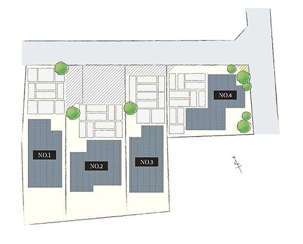 【全体区画図】
全4棟。水害リスクの少ない高台に位置しています。小学校まで徒歩6分、公園まで徒歩8分。博物館や美術館も徒歩圏内にあり、お子さまの学びに良い影響を与えてくれそうな環境です。