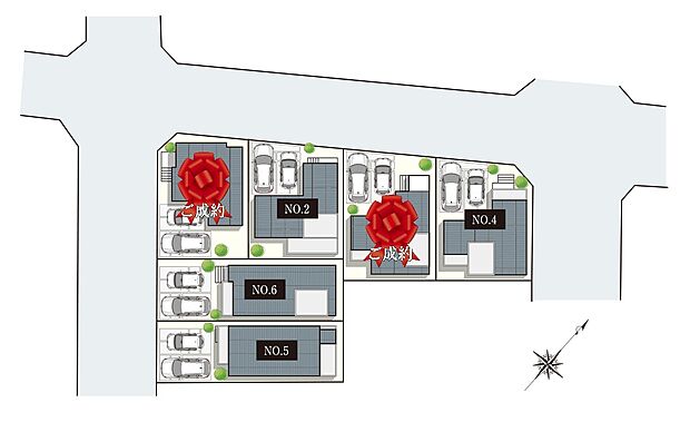 【全体区画図】
敷地面積38坪超!角地を含む全6家族の街並み。前面道路は幅員約9.0m~13.5m確保され、ゆとりがあります。自然豊かな『落合公園』の西側に立地◎生活利便性も兼ね備えた住環境です。