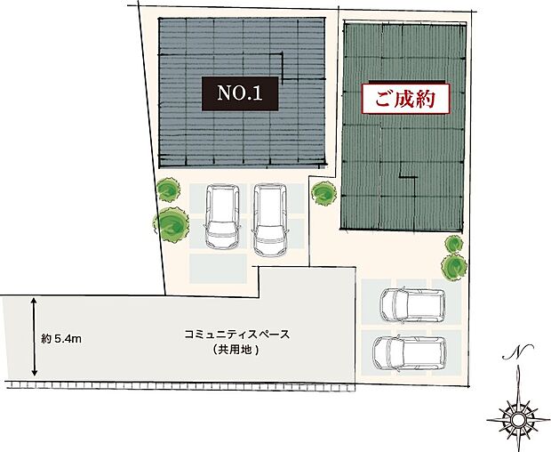 【全体区画図】
全2邸の新しい住まいが誕生!55坪を超えるゆったりとした敷地で、伸びやかな暮らしを実現いただけます。分譲地南側にコミュニティスペースがあり、陽当たりのいい住環境です。