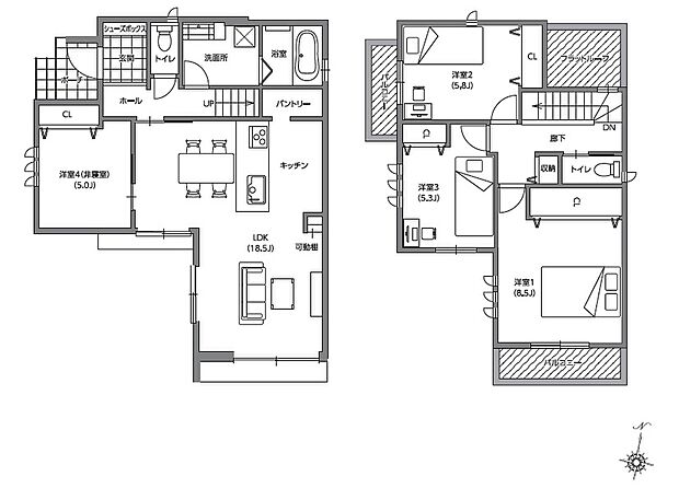 【4LDK+パントリー】約18.5帖のLDKは2面採光。洋室が隣接しており、ワークルームやお子様の遊び場などの利用に良さそうです。2階には2面バルコニー有り。