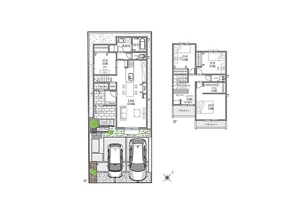【4LDK+3S】南東向きのLDKは約17.6帖。約4.5帖の洋室が隣接しています。2階にカウンター・室内物干付きユーティリティーがあり、多用途でご活用いただけます。玄関土間収納・WICなど、豊富な収納有◎
