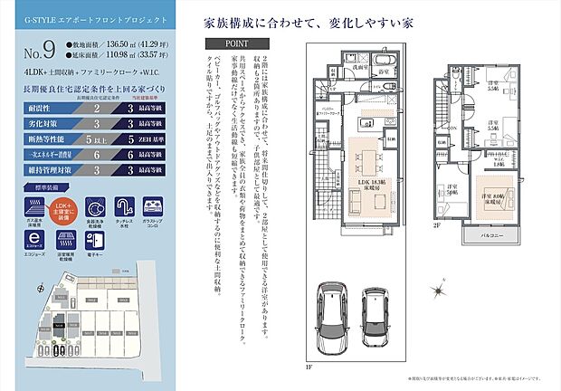 【4LDK】【家族構成に合わせて変化しやすい家】広々としたスペースの土間収納と、パントリー兼ファミリークロークを設けた収納豊富な住まい。2階には将来的に間仕切りが可能な、約5.5帖の洋室を2部屋配置しました。