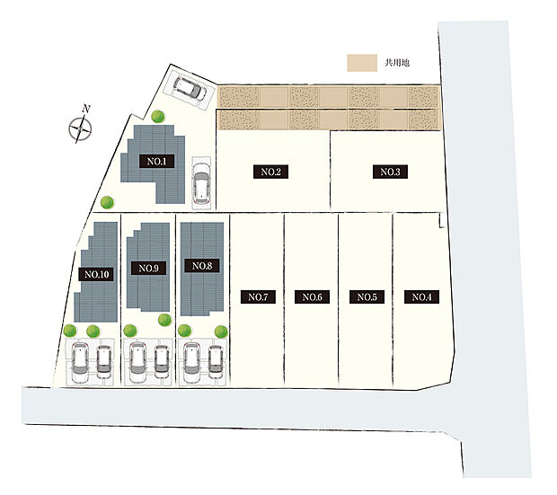 【-】南面道路中心で、陽当り良好の区画プラン。分譲住宅エリアと自由設計プランの2種類をご用意しました。分譲住宅エリアは、全邸に駐車スペースを2台確保しています(車種による)。