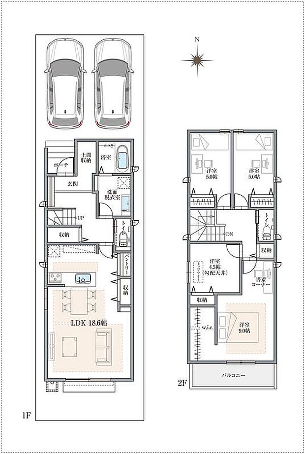 【4LDK】南向きバルコニーのある4LDKの住まい。全居室収納付き。パントリーやWIC、大容量の土間収納など、ご家族に嬉しい豊富な収納が魅力。LDKと約9.0帖の洋室には床暖房を装備しています。