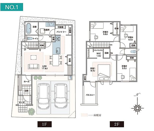 【4LDK】LDKは約17.8帖!南側に大きな窓を設けた、陽光豊かな空間です。リビング、ダイニング、キッチンは床暖房付き!キッチン~パントリー~洗面所と行き止まりなく繋がり、家事の同時進行がスムーズです。