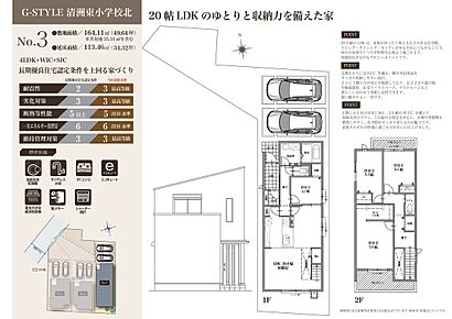 2階建て4LDK。LDKはゆとりの約20.0帖！リビング階段を採用しており、ご家族の会話が自然と育まれます。全居室の収納に加え、土間収納やホール収納など豊富な収納スペースも魅力です。 