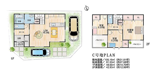 C号地 参考プラン 建物参考価格(外構工事含む)1,840万円 土地建物合計金額 3,680万円