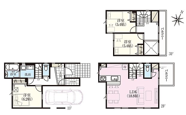 【間取り図/2号棟】
2階リビング設計の住まいです。リビングは一部が吹抜けで開放感を演出しています。全居室に収納を備えた他、玄関土間収納やパントリーがある収納豊富な間取りです。※未入居住宅