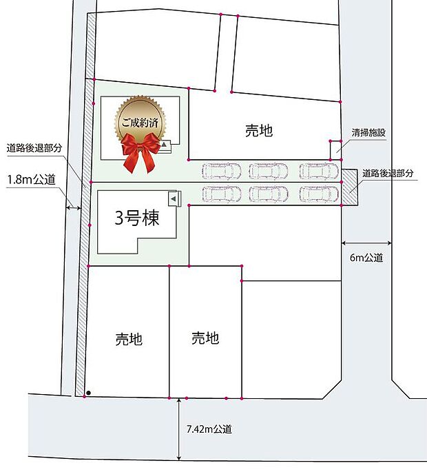 【全体区画図】
南東側前面道路の幅員は約6ｍで、お車の出し入れがスムーズに行えます。3台分の駐車スペースがあり、セカンドカーの所有や来客時、自転車やバイク置場にも重宝します(車種による)。