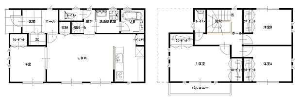 間取りから思い描く家族の暮らし。当該物件の間取図です。居室の配置や広さ、収納、水まわりへの動線をご確認いただけます。家具の配置や家族の暮らし方を考える際にも役立ちます。