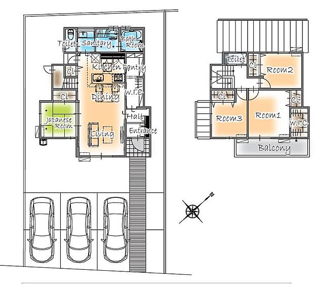玄関ホールからキッチンに繋がる大容量の収納を確保したゆとりのある4LDK♪アウトドア用品などの保管に便利な外部収納付き♪リビング階段を採用し、家族が自然と顔を合わせるあたたかな住まいです♪