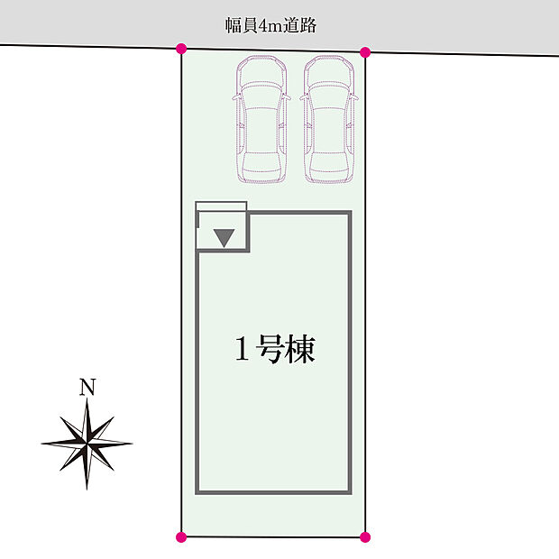 【全体区画図】
西武新宿線「鷺ノ宮」駅・「下井草」駅の2駅利用可能。幅員約4.0mの北側前面道路に面した住まい。お車2台分の駐車スペースを設けており、セカンドカーや来客時に重宝します(車種制限有)。