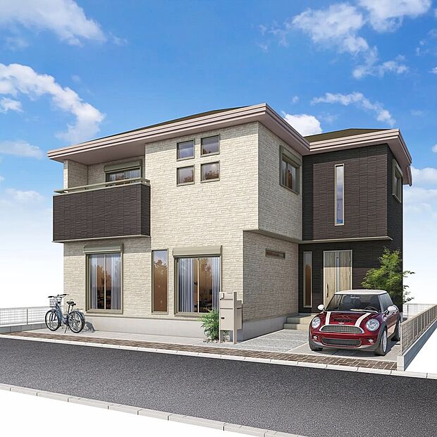 【2号棟/外観パース】
南道路に面した住まい。窓を多く設け室内に陽光を取り込みます。花粉やPM2.5などを吸着するマックスエアー搭載で、家全体をムラなく清浄化。駐車2台可能(車種制限有)。