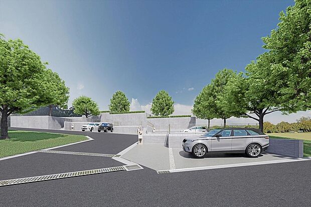 現地パース　各敷地高低差により目線が分かれるため、生活のプライベートを保ちやすいです