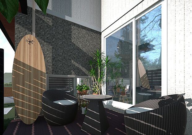 【ウッドデッキ】4号地はリビングからウッドデッキへ出られます。 広めのウッドデッキは、リビングの道路側からのプライバシーも保てます。 南側の陽当たりの良い日ざしがウッドデッキとリビングに降り注ぎます。