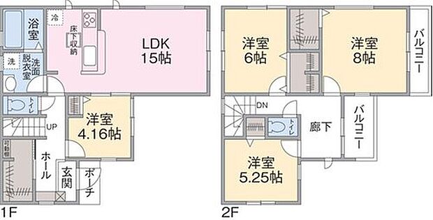 【4LDK】1F LDK15帖、4.16帖
2F 洋室5.25帖、6.0帖、8帖、ウォークインクローゼット