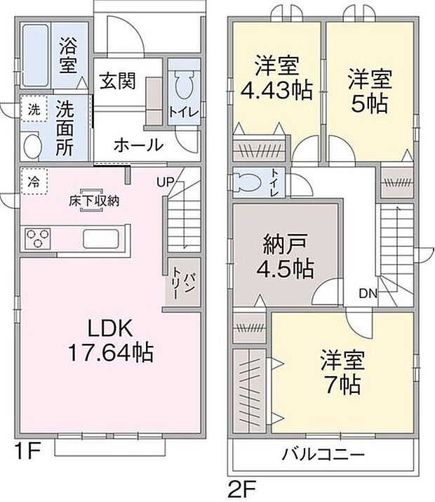【3LDK＋S】１F　LDK１７．６４帖
２F　洋室４．４３帖、５帖、７帖、納戸４．５帖