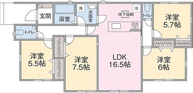 【4LDK】１F　LDK１６．５帖
洋室５．５帖、５．７帖、６帖、７．５帖