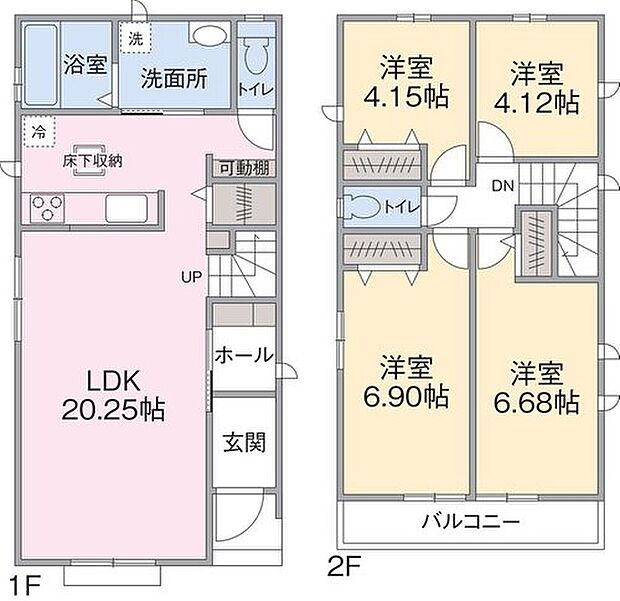【4LDK】１F　LDK２０．２５帖
２F　洋室４．１２帖、４．１５帖、６．６８帖、６．９帖  